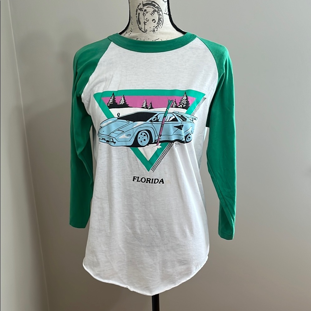 Green and White Raglan Graphic Tee with 3/4 Sleeves